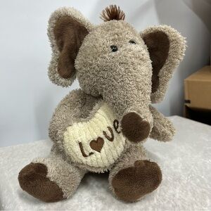 Plush Elephant Toy Brown and Cream embroidered heart pillow love stuffed animal